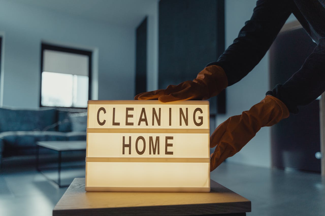 Close-up of hands with rubber gloves holding an illuminated lightbox saying 'Cleaning Home'.